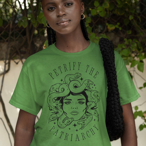 witchy feminist shirt that says petrify the patriarchy featuring a  medusa illustration- Shop feminist trash for feminist tees and  dump him shirts