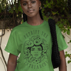witchy feminist shirt that says petrify the patriarchy featuring a  medusa illustration- Shop feminist trash for feminist tees and  dump him shirts