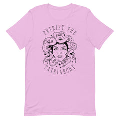 lilac witchy feminist shirt that says petrify the patriarchy featuring a  medusa illustration- Shop feminist trash for feminist t-shirts and  dump him shirts.