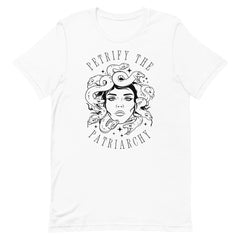white witchy feminist shirt that says petrify the patriarchy featuring a  medusa illustration- Shop feminist trash for feminist shirts and  dump him t-shirts