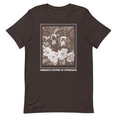 Dark brown short-sleeve shirt with an activist message and sepia-toned puppy and floral graphic in a subversive academic aesthetic.
