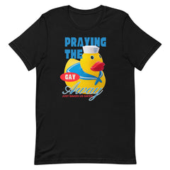 Front product shot of the black unisex pride t shirt from Feminist Trash featuring a satirical graphic of a yellow rubber duck sailor and the text praying the gay away just makes us gayer