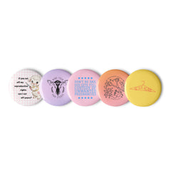 set of five 2.25" feminist buttons with various pro choice designs- shop feminist trash for feminist pins and political clothing