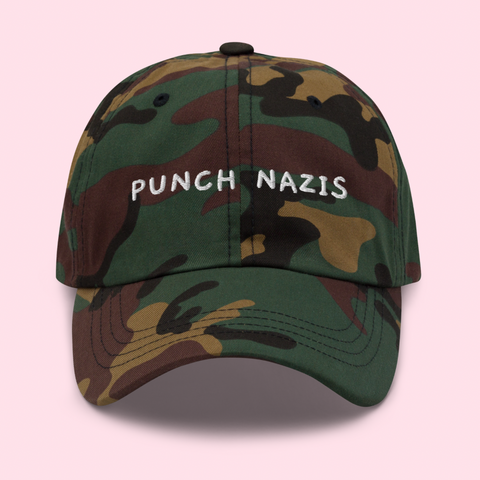camo political hat that says punch nazis in white embroidery- shop feminist trash for funny women's hats and political clothes