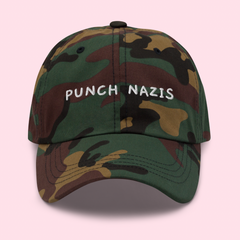 camo political hat that says punch nazis in white embroidery- shop feminist trash for funny women's hats and political clothes