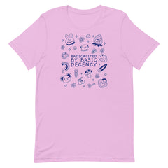 lilac political tshirt that says radicalized by basic decency in blue writing featuring cute illustrations- shop feminist trash for political clothing and feminist shirts