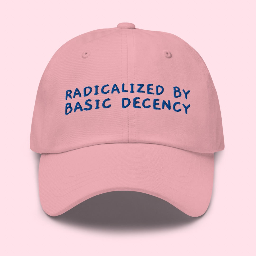 pink political hat that says radicalized by basic decency in blue- shop feminist trash for political clothing