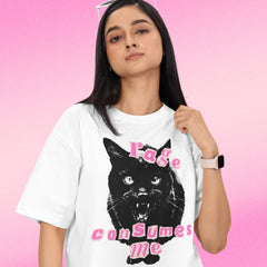white cat tshirt that sys rage consumes me in pink ransom letters featuring a black cat- shop feminist trash for angry feminist tshirts and political tees