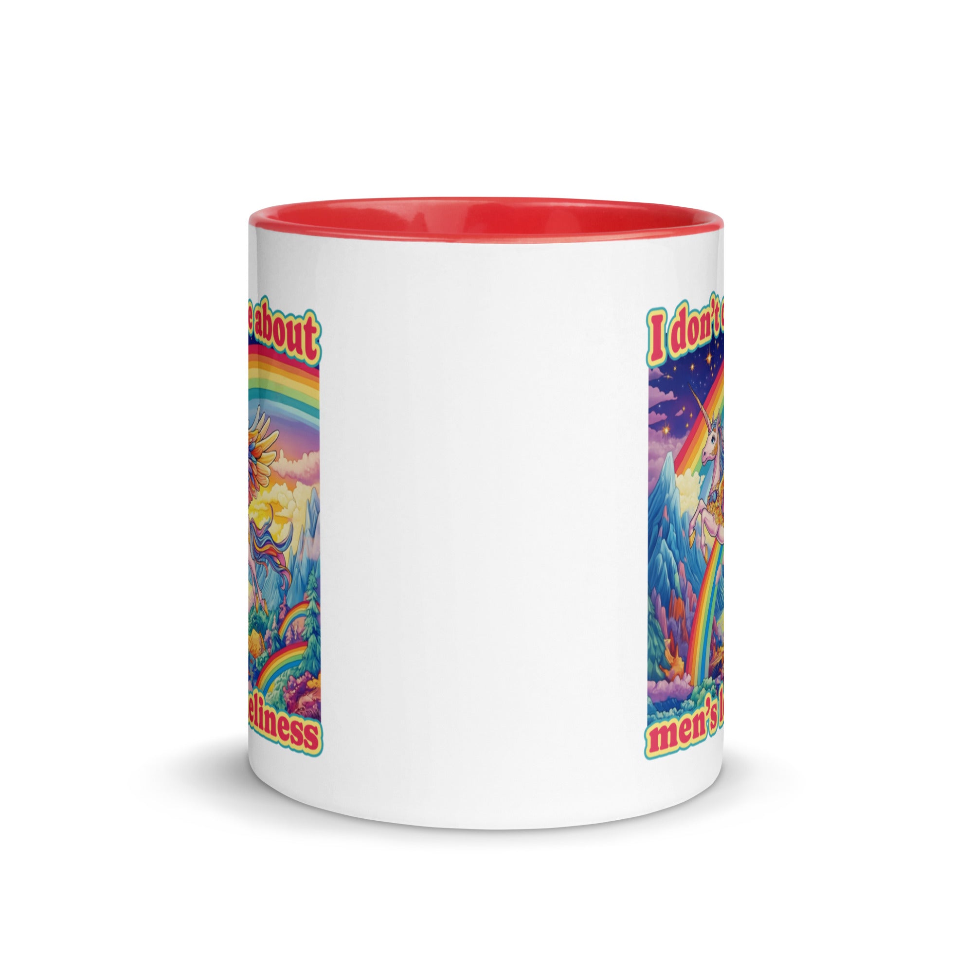 Dopamine decor coffee mug with a sarcastic feminist quote. The design features a colorful winged unicorn and rainbow landscape, perfect for maximalist kitchen styling and political gift-giving.