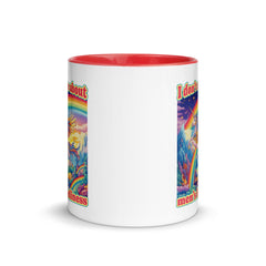 Dopamine decor coffee mug with a sarcastic feminist quote. The design features a colorful winged unicorn and rainbow landscape, perfect for maximalist kitchen styling and political gift-giving.