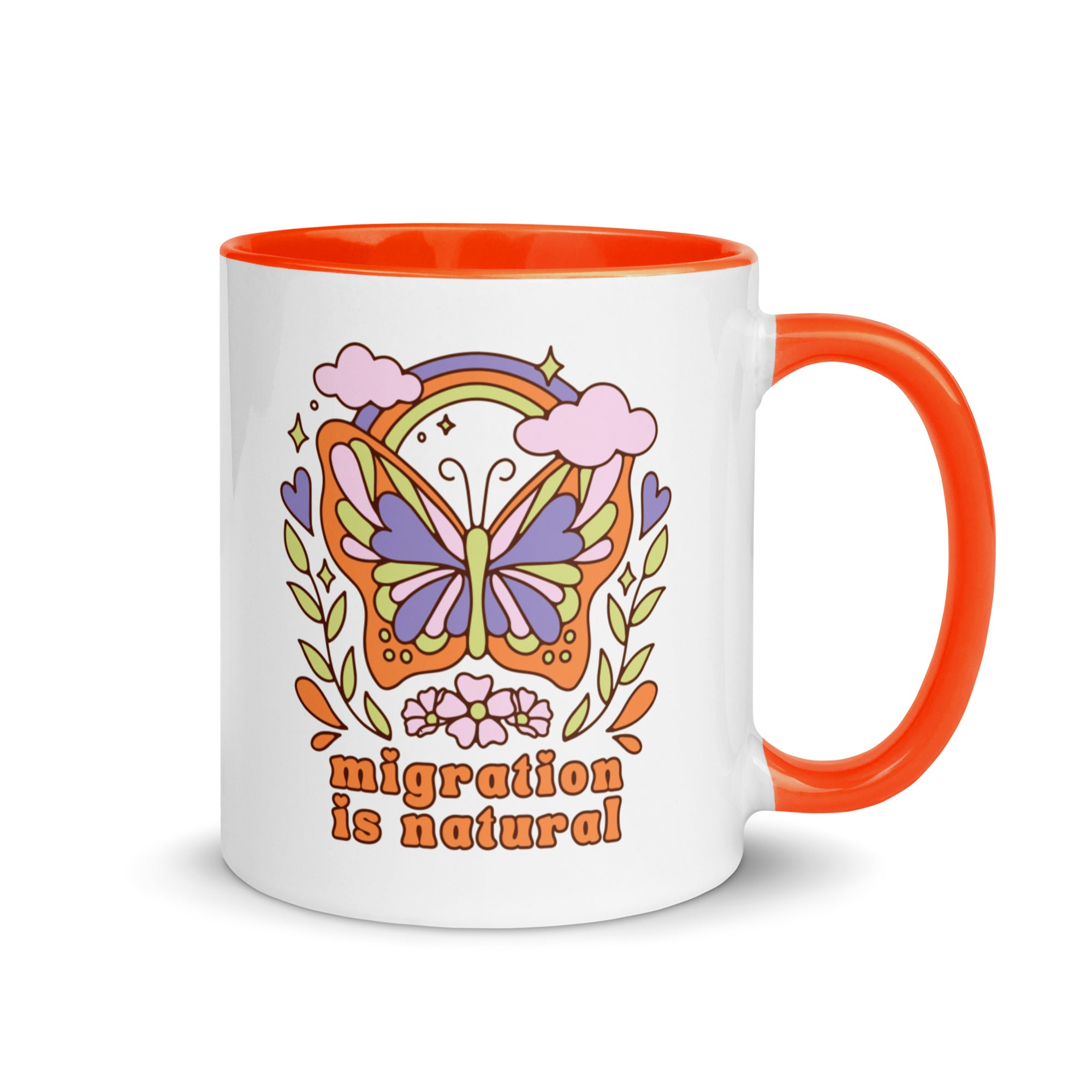 a colorful 70s style butterfly illustration with a rainbow and hearts on a white coffee mug.