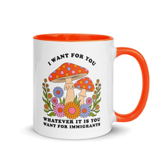 AFeminist Trash immigrants rights mug showing the vibrant orange interior and high quality botanical print