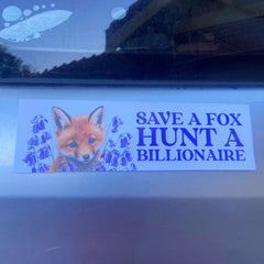 Save a Fox Hunt a Billionaire political car magnet featuring an adorable illustrated fox surrounded by bluebell flowers.