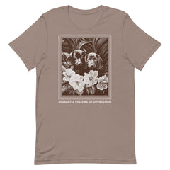Pebble-colored political graphic tee made from sustainable materials featuring a vintage dog and flower art print