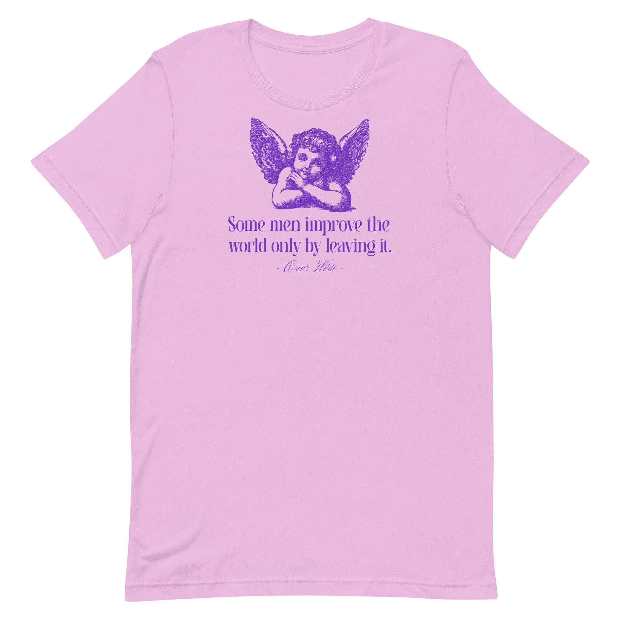 Lilac feminist graphic tee featuring a vintage-style angel and a witty Oscar Wilde quote about men, perfect for a subversive academic wardrobe.