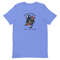 blue feminist t-shirt that says traumatize your dad back in black old school tattoo writing featuring a tattoo illustration of a scorpion and flowers. Shop feminist trash for feminist t-shirts and dump him shirts