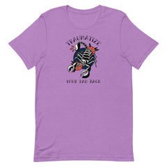 purple feminist t-shirt that says traumatize your dad back in black old school tattoo writing featuring a tattoo illustration of a scorpion and flowers. Shop feminist trash for feminist t-shirts and funny t-shirts for women 