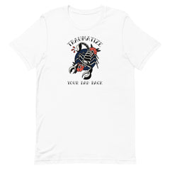white feminist shirt that says traumatize your dad back in black old school tattoo writing featuring a tattoo illustration of a scorpion and flowers. Shop feminist trash for feminist shirts and dump him shirts