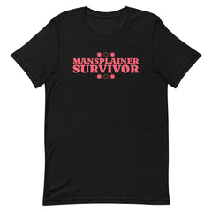 Image of a black feminist tshirt with 'Mansplainer Survivor' this feminist shirt features bold red lettering. This feminist tee is a bold statement against gender bias and inequality.