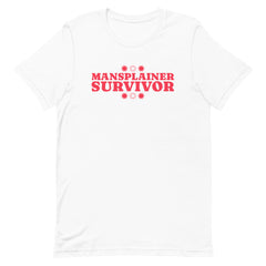 Image of a white feminist t-shirt with 'Mansplainer Survivor' in bold red lettering. This feminist shirt is perfect for those who stand up against mansplaining and support gender equality. Add this feminist tshirt to your collection today.