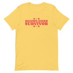 Image of a yellow feminist tshirt with 'Mansplainer Survivor' in bold red lettering. This feminist shirt is a powerful statement of resilience against men who don't shut up. Shop our feminist apparel today