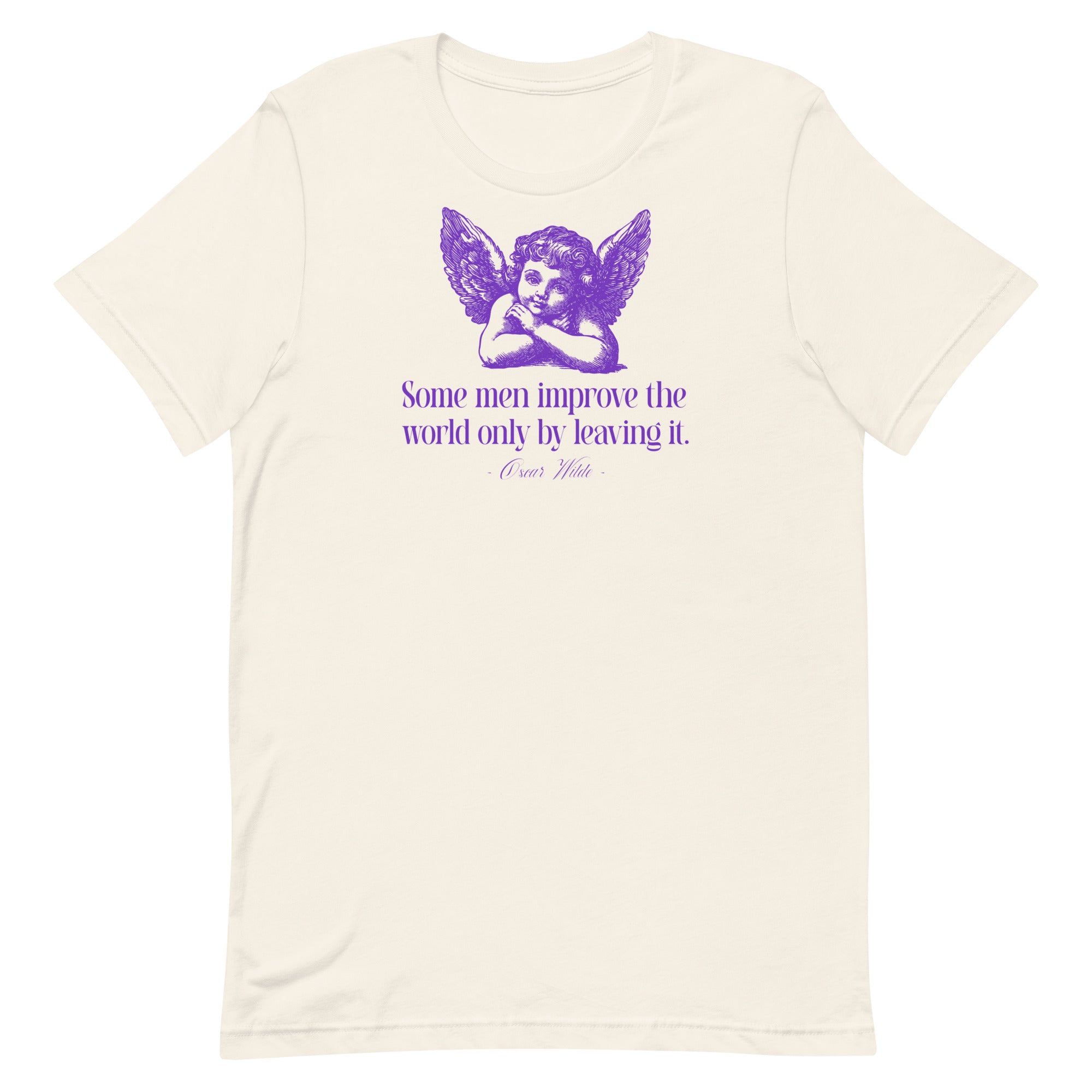 Cream-colored feminist graphic tee with purple vintage angel art and a witty political quote by Oscar Wilde.