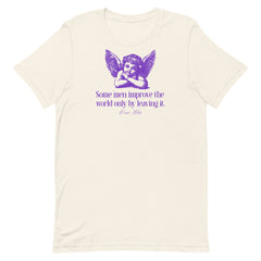 Cream-colored feminist graphic tee with purple vintage angel art and a witty political quote by Oscar Wilde.