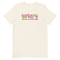 vintage white feminist tee making fun of the self inflicted male loneliness epidemic. Lonely men... have you tried smiling? Featuring cute pink illustrations of a worm, flowers and a butterfly. Shop Feminist Trash for funny t-shirts for women and feminist tees