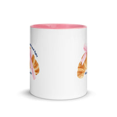 pink and white feminist mug featuring the phrase eat carbs and fight the patriarchy in navy writing and a coquette croissant illustration. Shop feminist trash store for feminist ceramics, political clothes and dump him shirts.