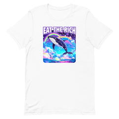 white political tshirt that says eat the rich. Featuring a Lisa Frank style illustration of a whale. Shop Feminist Trash for political clothing, feminist tees and acab t-shirts