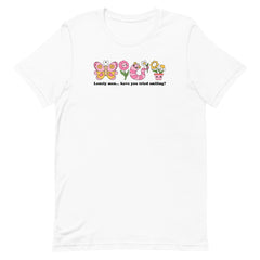 white feminist tee making fun of the self inflicted male loneliness epidemic. Lonely men... have you tried smiling? Featuring cute pink illustrations of a worm, flowers and a butterfly. Shop Feminist Trash for funny shirts for women and feminist tees