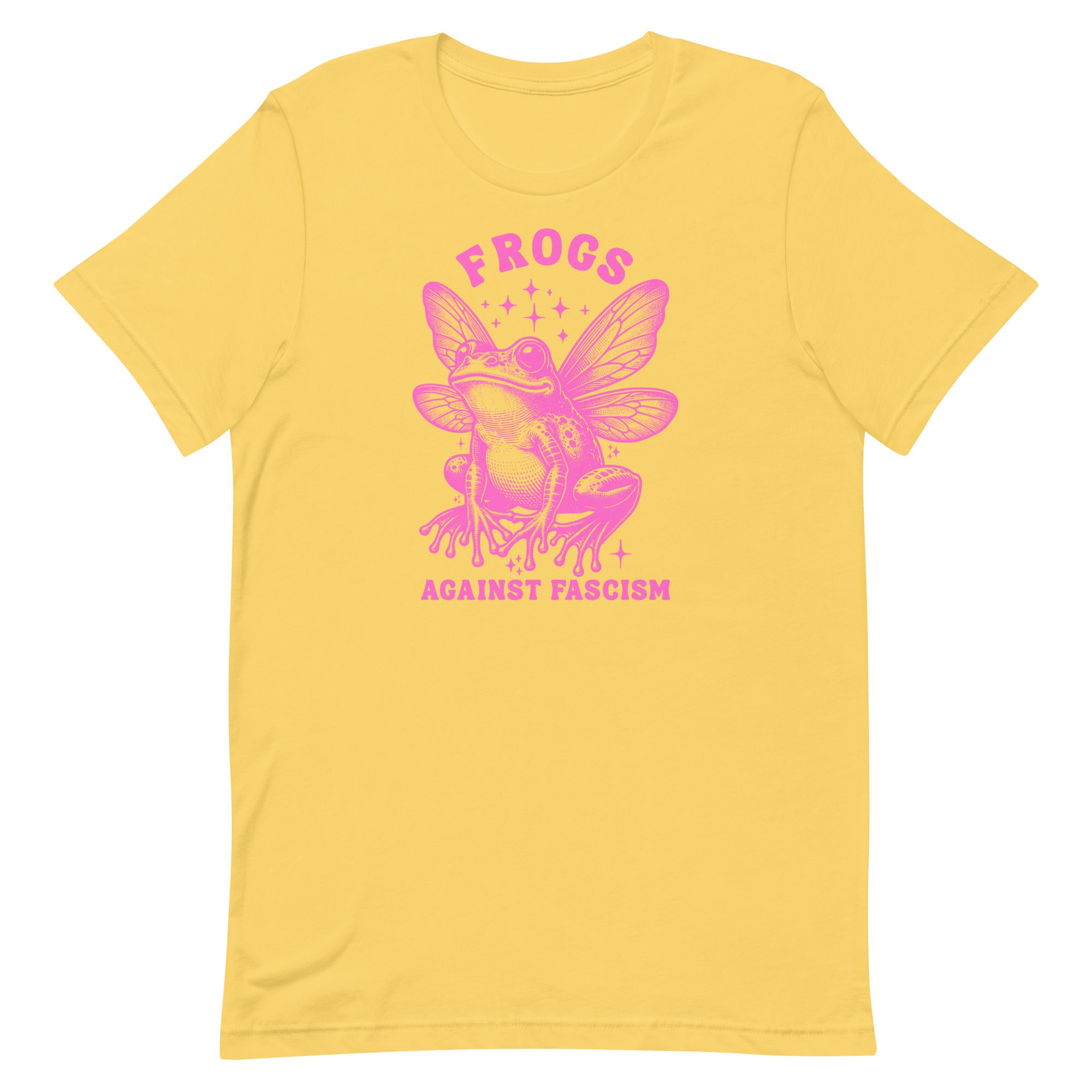 yellow political t-shirt that says frogs against fascism in pink writing featuring a fairy frog illustration- shop feminist trash for social justice apparel and leftist shirts.