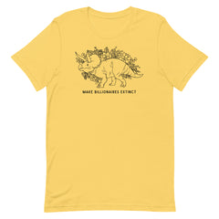 yellow political t-shirt that says make billionaires extinct in black writing. Featuting floral illustration of a Triceratops- Shop feminist trash for political clothing and feminist tshirts