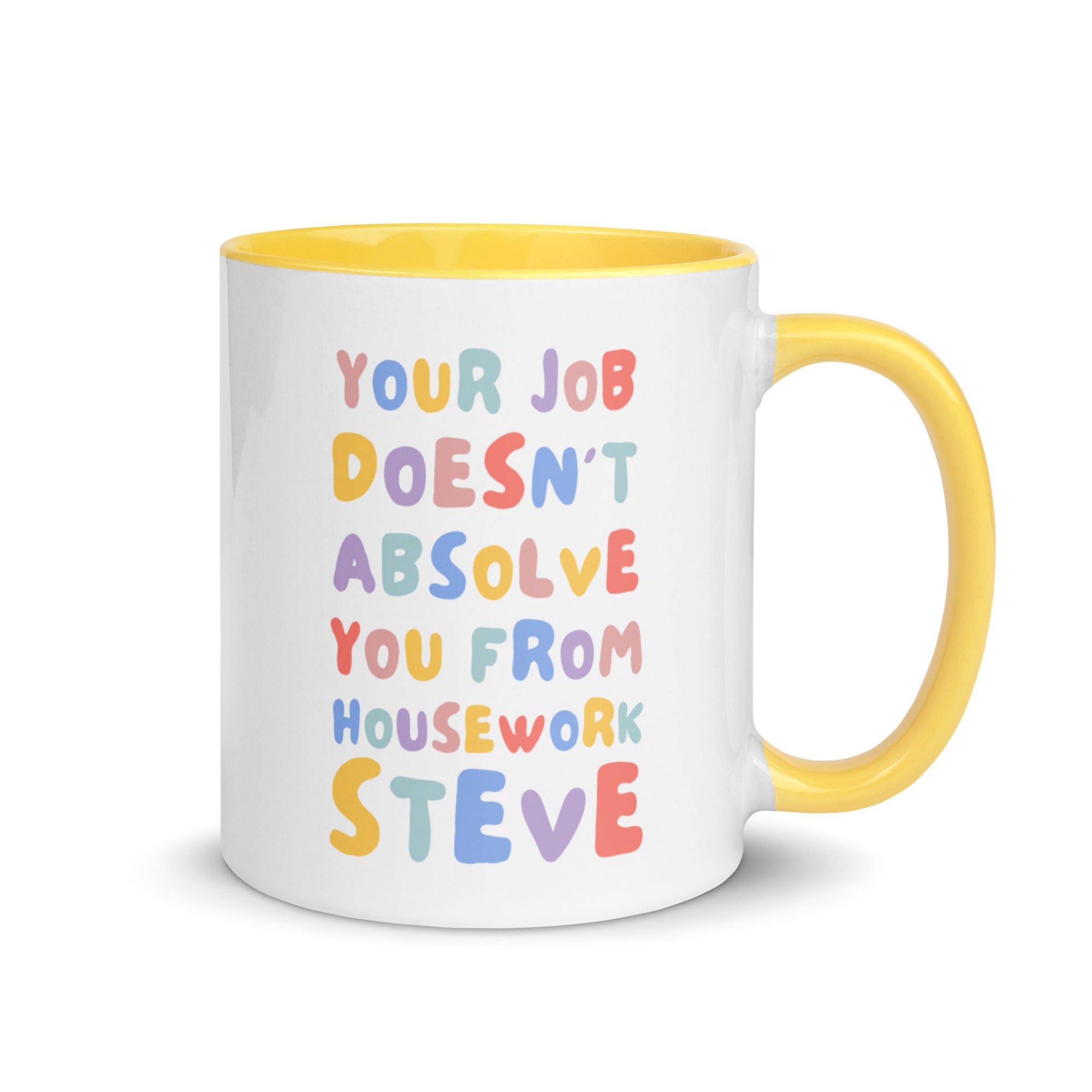 Front-facing view of a colorful "Steve Housework" coffee cup on a plain white background, highlighting the playful pink, blue, and yellow typography.