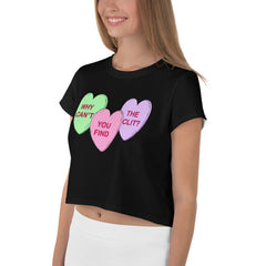 Why Can’t You Find The Clit All-Over Print Crop Top - Feminist Trash Store - Shop Women’s Rights T-Shirts - Black Women’s Crop Tee