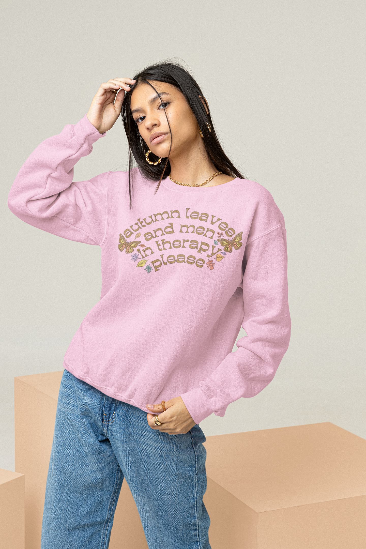 Autumn Leaves And Men In Therapy Please Unisex Feminist Sweatshirt - Shop Women’s Rights T-shirts - Oversized Pink Sweatshirt