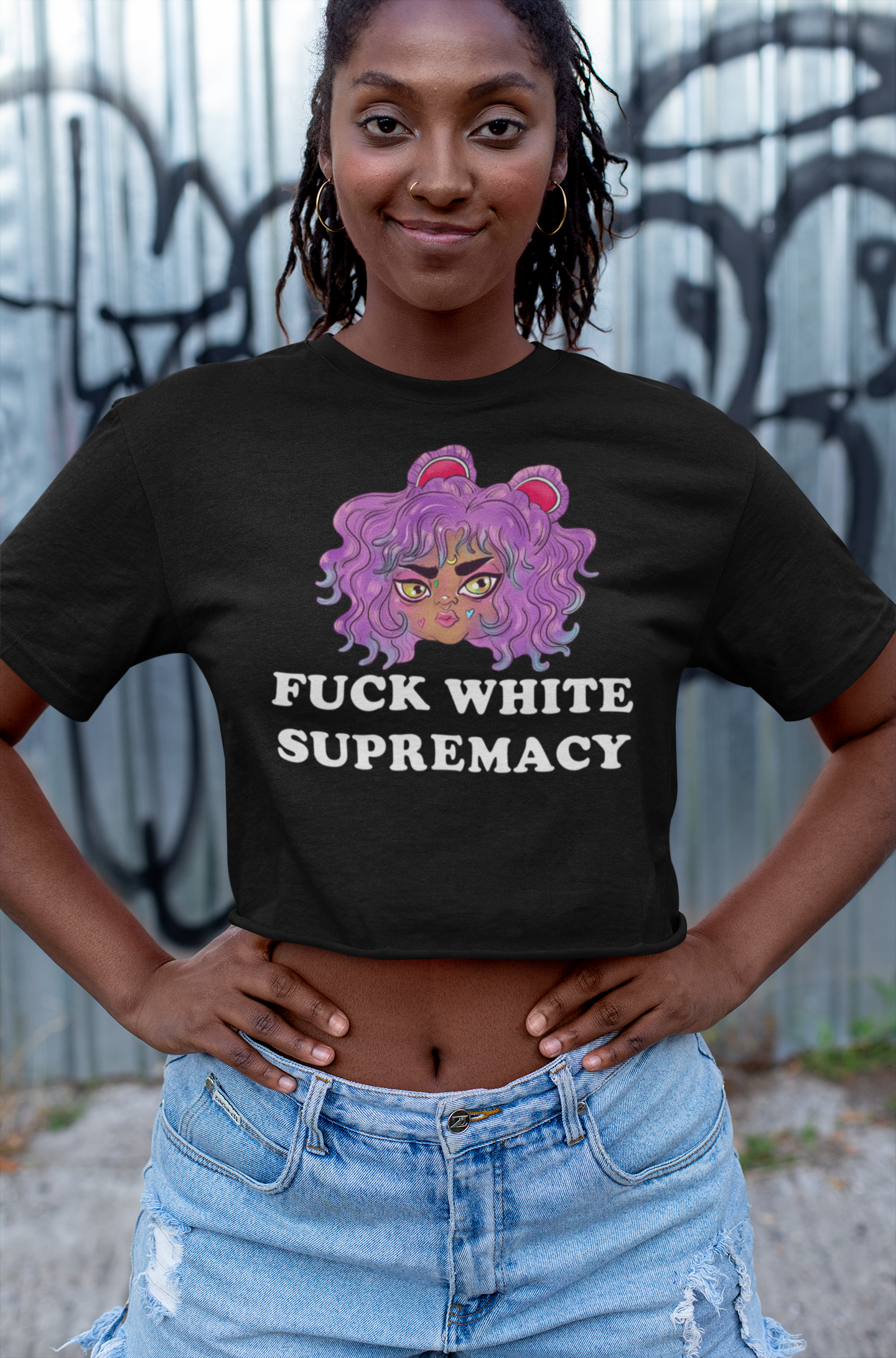 Fuck White Supremacy Allover Print Feminist Crop Top - Feminist Trash Store - Shop Women’s Rights T-shirts - Black