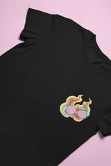 black feminist tshirt with a burning bra illustration on the left breast- shop graphic tees