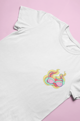 white feminist shirt with a burning bra illustration on the left breast- shop feminist apparel