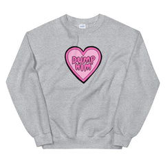 Grey feminist sweatshirt featuring a pink heart illustration with the words dump him written in bubble writing- shop our array of dump him shirts