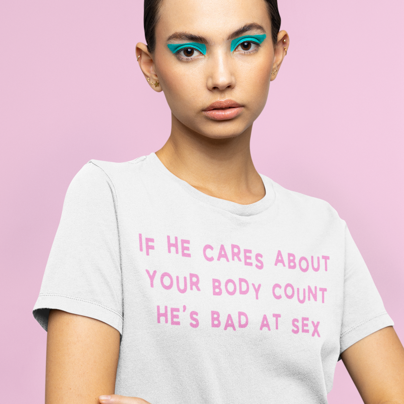 White feminist tee that says If He Cares About Your Body Count He’s Bad At Sex in pink writing. Shop Feminist Trash for Women’s Rights T-shirts and women's march merchandise. 
