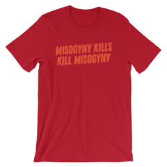 Red Feminist T-shirt that says Misogyny Kills Kill Misogyny in orange writing- define feminism with our cat lady tshirts, political clothing, dump him shirts, witchy outfits, pride tshirts, and political clothing