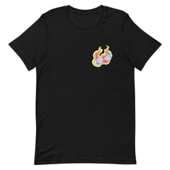 black feminist tshirt with a burning bra graphic on the left breast- shop feminist apparel