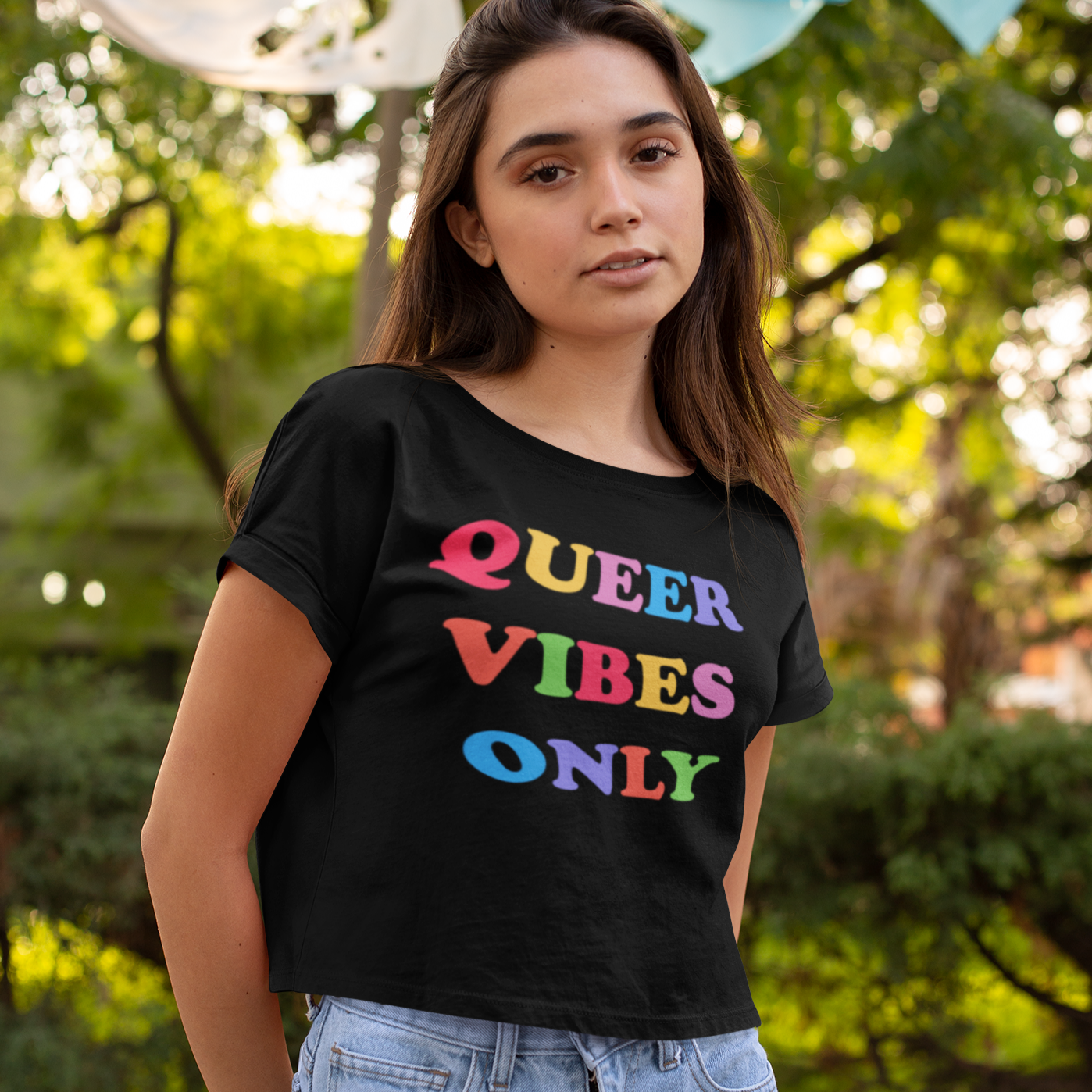 Queer Vibes Only All-Over Print Pride Crop Top - Feminist Trash Store -Shop Pride T-shirts 