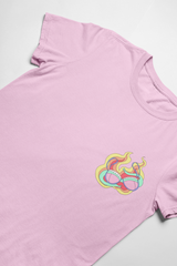 pink feminist tee featuring a burning bra graphic on the left breast- shop women's rights shirts