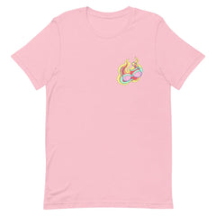 pink feminist t-shirt featuring a burning bra graphic on the left breast- shop feminist graphic tees