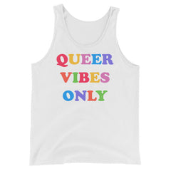 white pride tank top that says queer vibes only in rainbow retro writing- define pride with our pride clothing and dump him shirts
