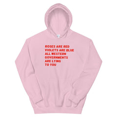 pink feminist hoodie that says Roses Are Red, Violets Are Blue All Western Governments Are Lying To You in bright red writing- define feminism with feminist trash's feminist apparel