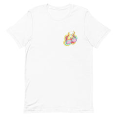 white feminist shirt featuring a burning bra graphic on the left breast- shop graphic feminist tshirts