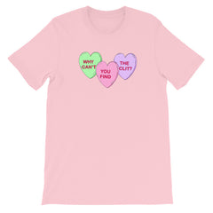 pink feminist tee that says Why Can’t You Find The Clit? in three candy hearts- shop feminist apparel and dump him shirts 